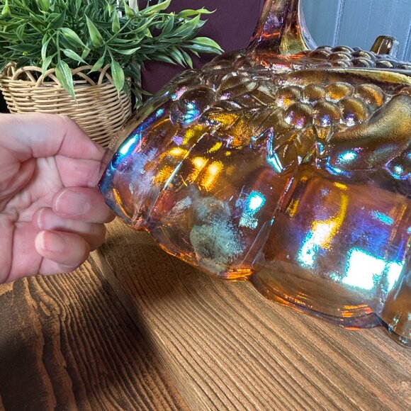 Vintage Indiana Glass Harvest Grapes Carnival Glass Footed Oval Fruit Bowl - Picture 11 of 16